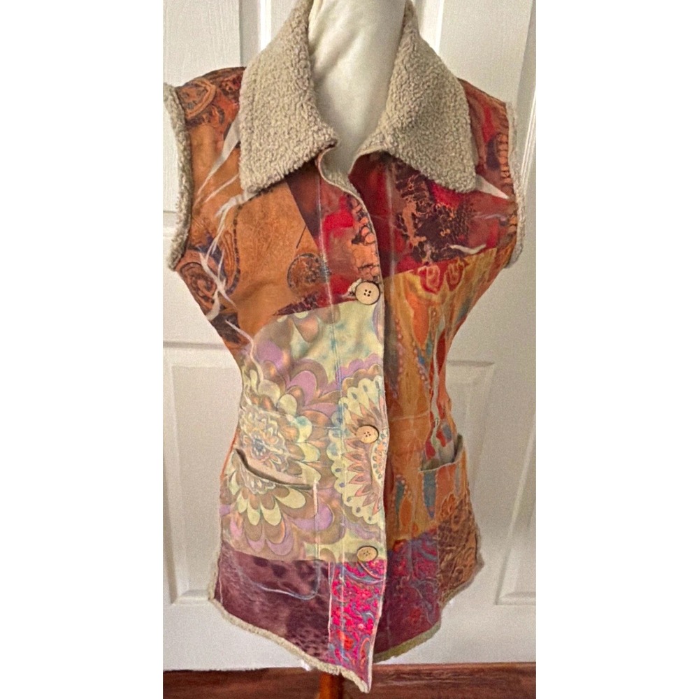 Alberto Makali Womens M Faux Shearling Paisley Patchwork Long Vest Artsy Boho